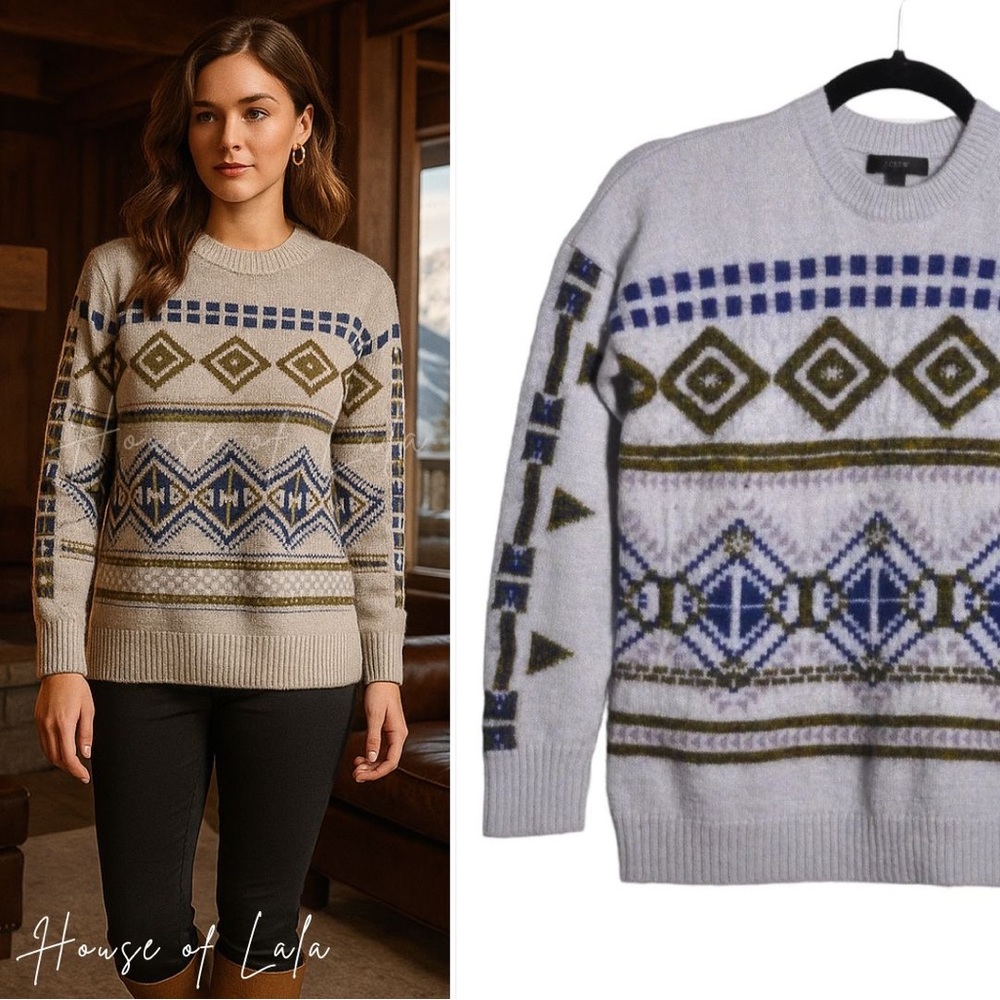 JCREW Wool Mohair Blend Patterned Knit Sweater - Blue and grey